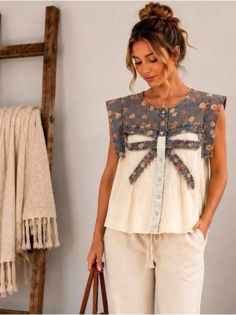 BiBi Floral Print Denim Mixed Fabric Bow Front Sleeveless Top